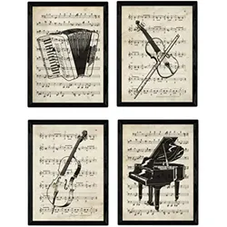 POSTER Set mit 4 Instrumente mit Noten Klavier, Geige, Cello, Akkordeon A4 Schwarzer Rahmen