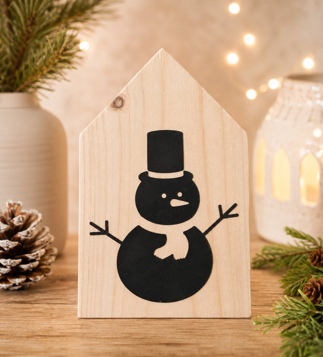 Troubadot Scandinavische houten kerstdecoratie - Houten huisje met sneeuwpop - Maat M