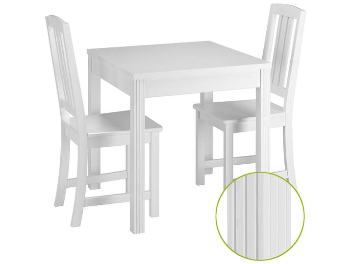 Schöne Essgruppe mit Tisch und 2 Stühlen Kiefer Massivholz Waschweiß