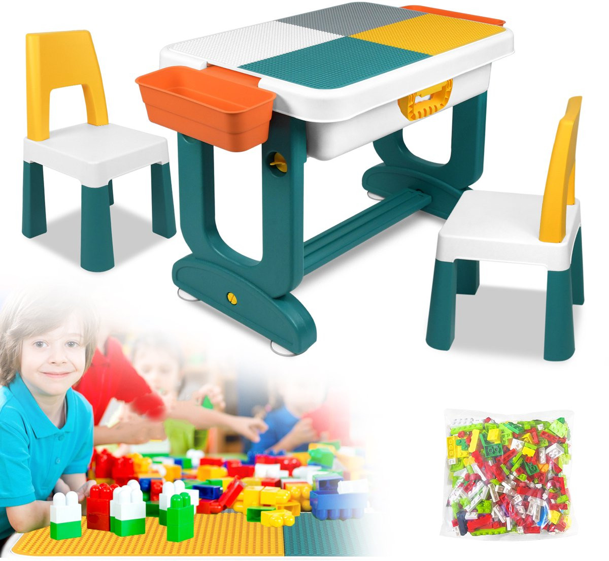 Froadp 6-in-1 kindertafel set met 2 stoelen en bouwstenen voor kinderen vanaf 3 jaar