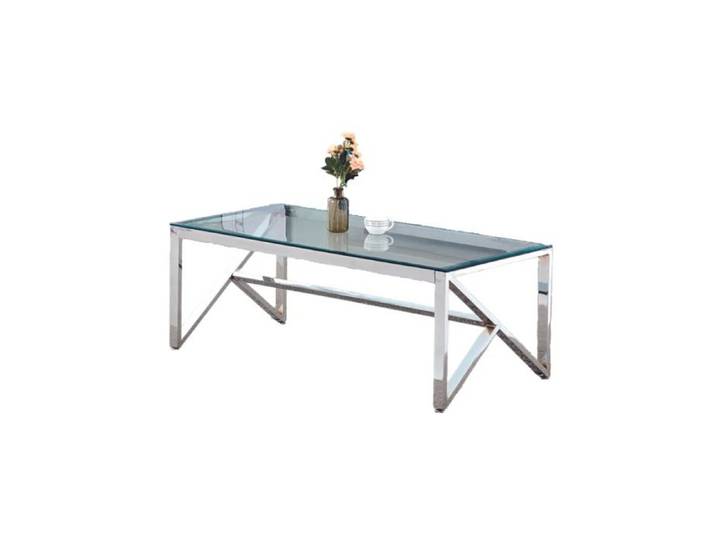 Table Basse MAJESTIQUE Rectangle Plateau Verre Trempé Transparent Pieds Chrome 120x60x45cm