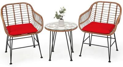 Costway 3 Pieces Patio Rattan Bistro Set with Cushion-Red