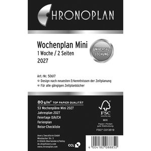 Chronoplan Kalendereinlagen 50617, Jahr 2027, 1 Woche auf 2 Seiten, Mini