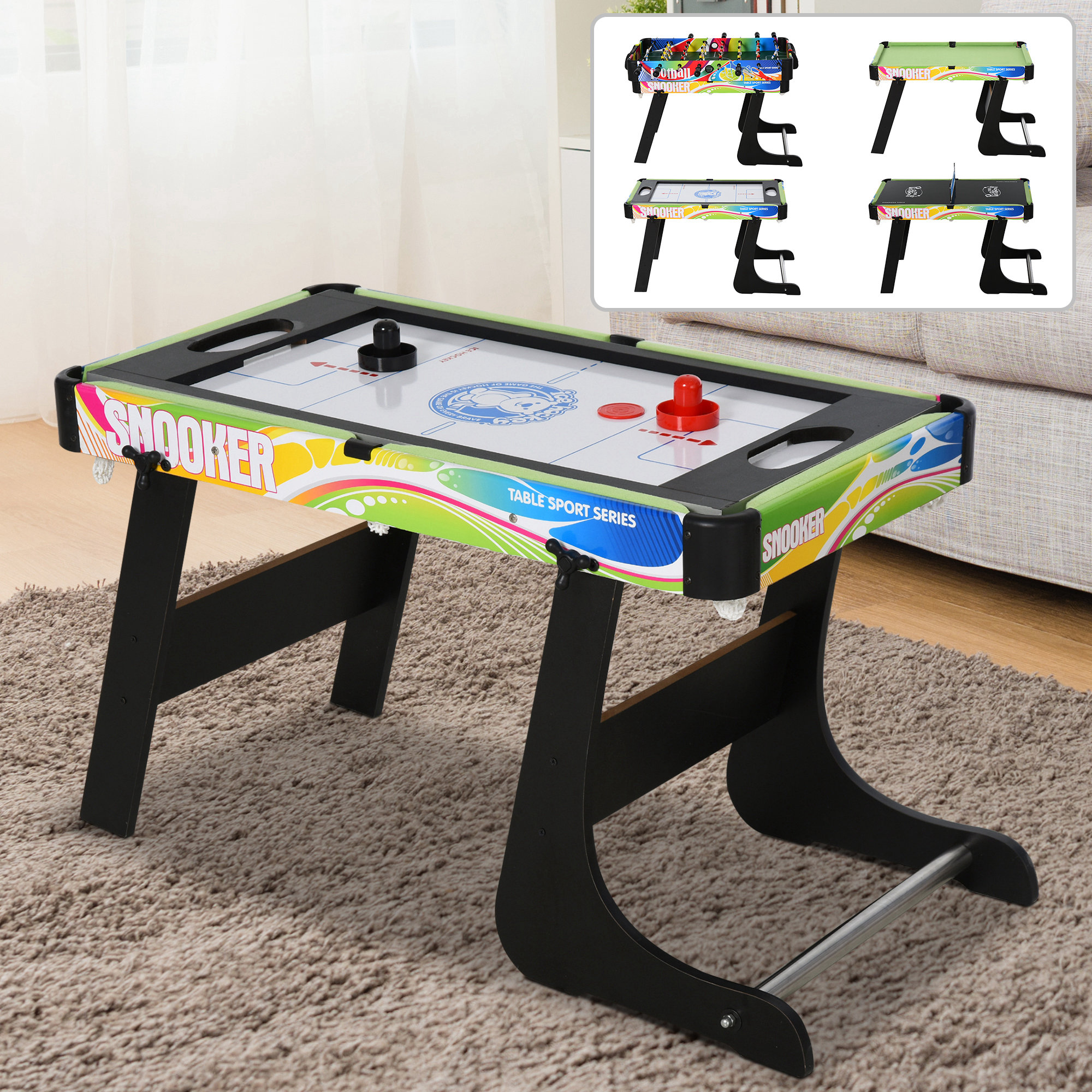 Homcom Tavolo Multigioco Pieghevole 4 in 1 con Calcio Balilla, Hockey da Tavolo, Ping Pong e Biliardo, 86,5x43,5x64cm