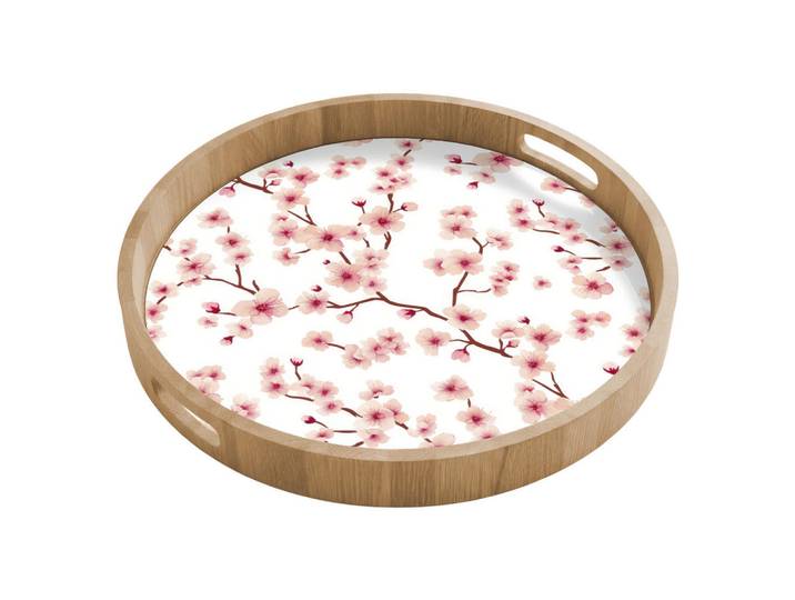 OnlyWow Tablett - Kirschblüte - Zweige - Rosa - 50x50 cm, Holz, Echtholz,Eiche, Rund, 50x5x5 cm, Geschirr, Tischkultur & Serviergeschirr, Tabletts