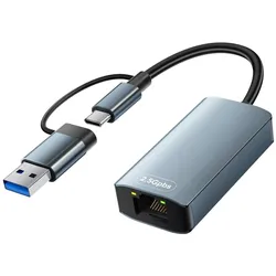 PowerGuard RTL8156B USB 3.0 / USB-C to 2.5G Ethernet Adapter (USB 3.0, USB-C), Netzwerk Adapter, Grau, Schwarz