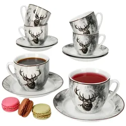 6er Set Alois Kaffeetassen mit Untertassen 6 Personen Porzellan Tee Kakao Hirsch