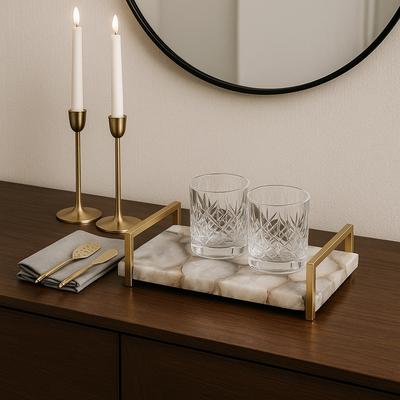 Sagebrook Home "Rectangle Agate Tray with Metal Handles -Home Decor - 14"", Ivory & Tan - 14.0"""