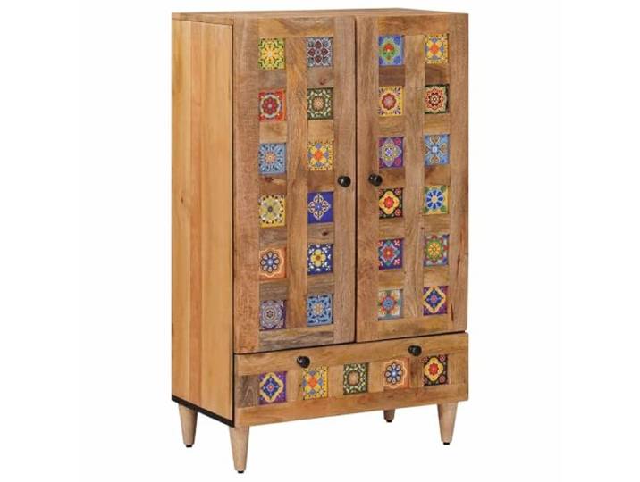Makastle Highboard Wohnzimmer 60 x 33,5 x 100 cm Natur Massivholz Mango mit 2 Türen und Schublade