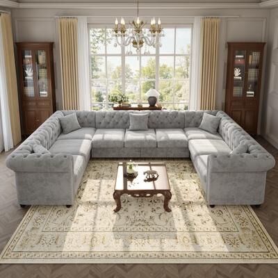 Abrihome "134.6"" U-Shaped Chenille Sectional Sofa with Nailheads and Button tufting"