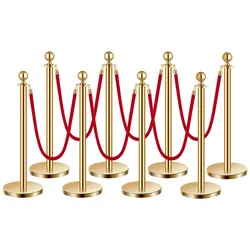 VEVOR Absperrpfosten Absperrung (8 Stk.) zur Steuerung von Menschenmengen mit 6 roten Samtseilen (1,5 m lang), Absperrständer aus Edelstahl mit nachfüllbarem Sockel für Ausstellungen Golden