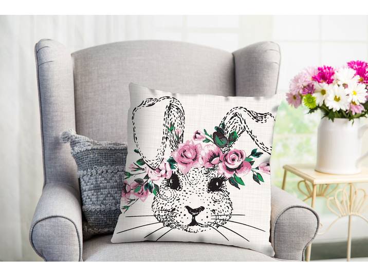 Dekokissen QUEENCE Bennet , weiss (pink, weiß, bedruckt), B:40cm L:40cm, Polyester, Dekokissen_Sitzkissen_Kissenhüllen, Dekokissen, süsser Hase