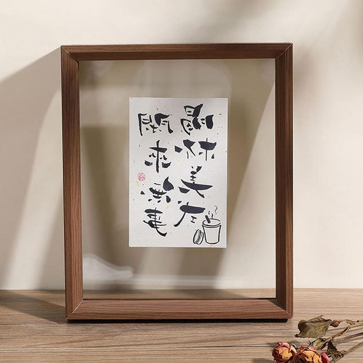 Zwevend Fotolijst Glazen Frame Dubbelzijdig Transparant A4 Formaat Walnoot
