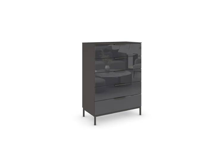Rauch Möbel Flipp, Kommode, Farbe Glas Basalt/Graphit, Breite 80 cm Sideboard, 5 Schubladen, Soft-Close, Griffe, Metallkufe Graphit für Schlafzimmer, Gästezimmer, Wohnzimmer