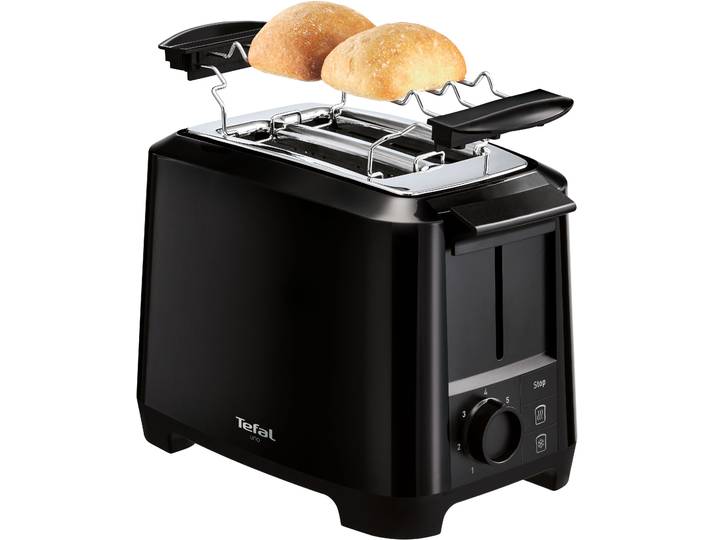 TEFAL Toaster TT1408 Uno , schwarz, B:27cm H:19cm T:17cm, Toaster, 2-Kammern, Brötchenaufsatz, variable Schlitzbreite, 7 Bräunungsstufen, Toaster