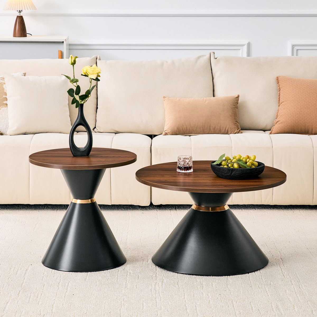 FloraGrace Salontafel Set van 2 - Ronde Nesttafels met Walnootlook en Zwart Metaal