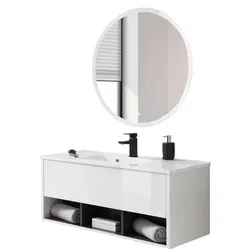 BADMÖBEL-SET weiß Hochglanz, grau, Kombination mit Waschbecken und LED Beleuchtung 100 cm