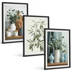 BILDER SET 3er Set - 40x60 cm Schwarzer Rahmen - Grüne Oliven, Eukalyptus