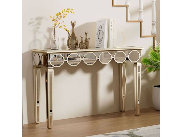 Table console - UNHO - 120x35x76cm - Argenté - MDF - Verre miroir