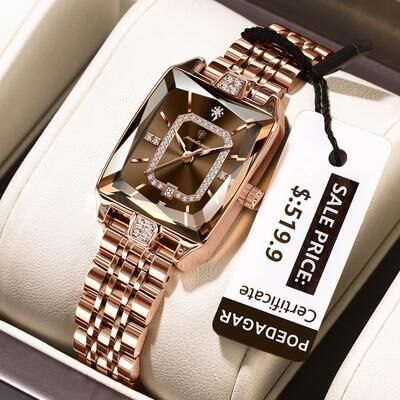Inspire Select POEDAGAR Luxury Waterproof Rectangle Women's Quartz Watch With Calendar rosegold Brown