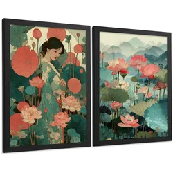 POSTER 2er-Set dekorative Badezimmerdrucke, japanisch-orientalische Kunstposter WC mit Lotusblumen, asiatische Landschaft, Stil Schwarzer Rahmen A4