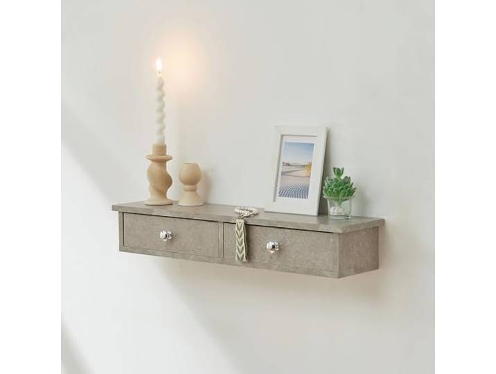 [en.casa] Wandregal Geeste Nachttisch hängend mit 2 Schubladen Nachtschrank Wandmontage Hängeregal 60 x 15 x 10 cm Schweberegal Betonoptik, hell