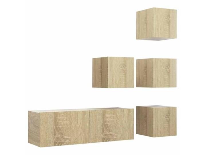 KGFHERENB 5-tlg TV-Schrank-Set Hängend Sonoma-Eiche Holzwerkstoff Flexible Wandmontage für Schlafzimmer und Wohnbereich schafft geordnete Fächer für Geräte sowie Zeitschriften.