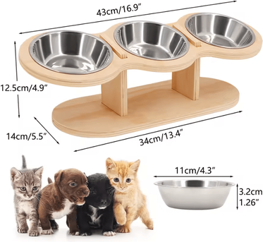 Inspire Curations WoodlandPaws Elevated Triple Stainless Steel Cat Bowl Set 3 Cat Bowls