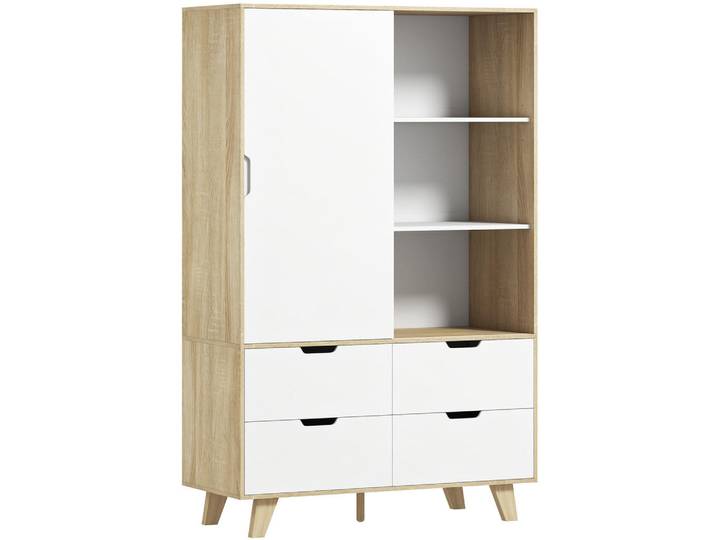 Homcom Kleiderschrank MDF Kiefernholz Eiche Weiss, Weiß, Holz, Nachbildung,Kiefer, 3 Fächer, 4 Schubladen, 50x187.5x120 cm, Schlafzimmer, Kleiderschränke