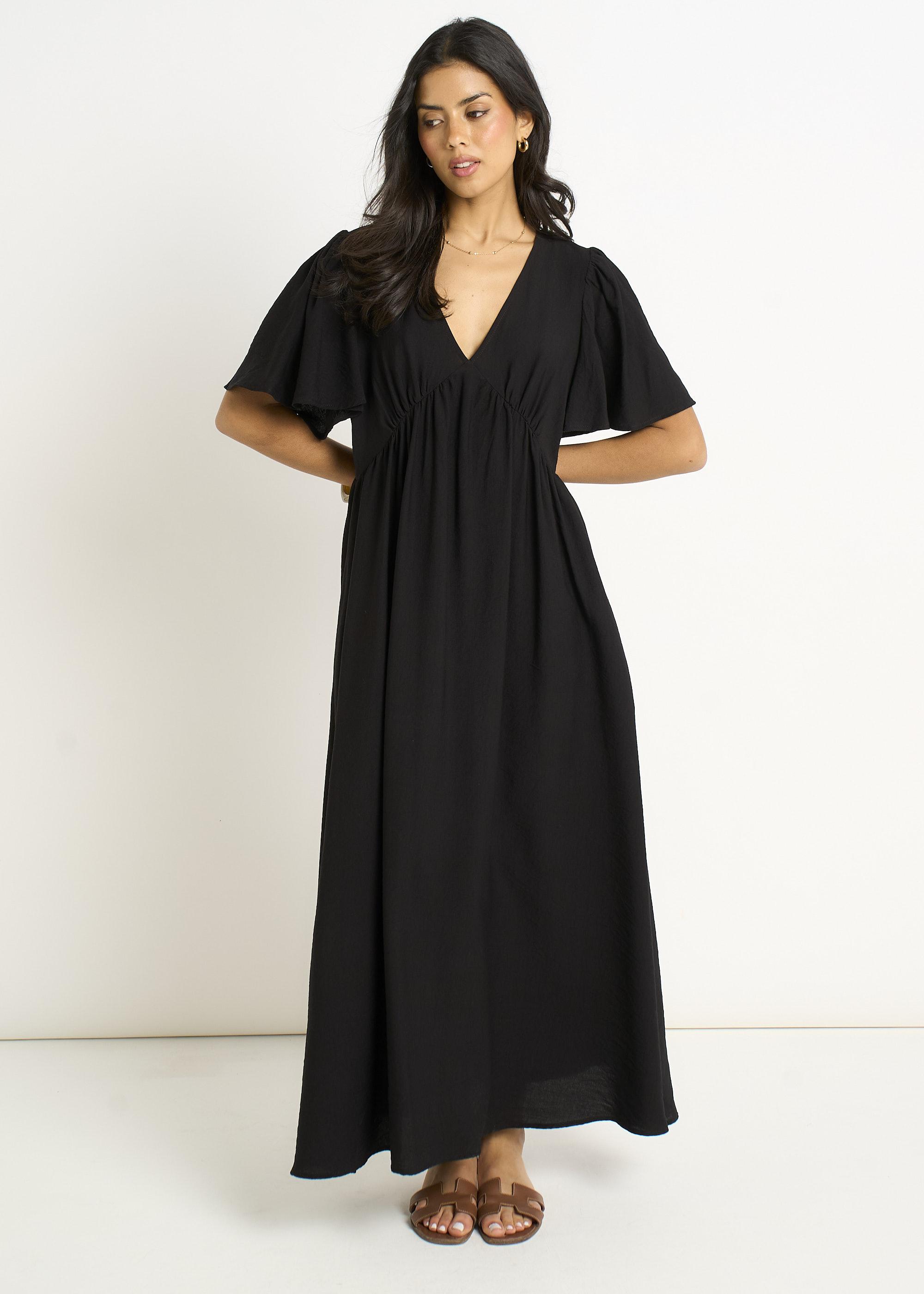 Schwarzes V-Ausschnitt Winkelärmel Skater Maxikleid