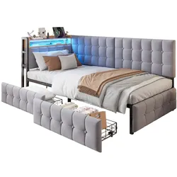 OKWISH Multifunktionales Schlafsofa 90x200 cm mit Stauraum, LED-Beleuchtung, USB-Anschluss, umwandelbar, robust, modern für kleine Apartments Hellgrau