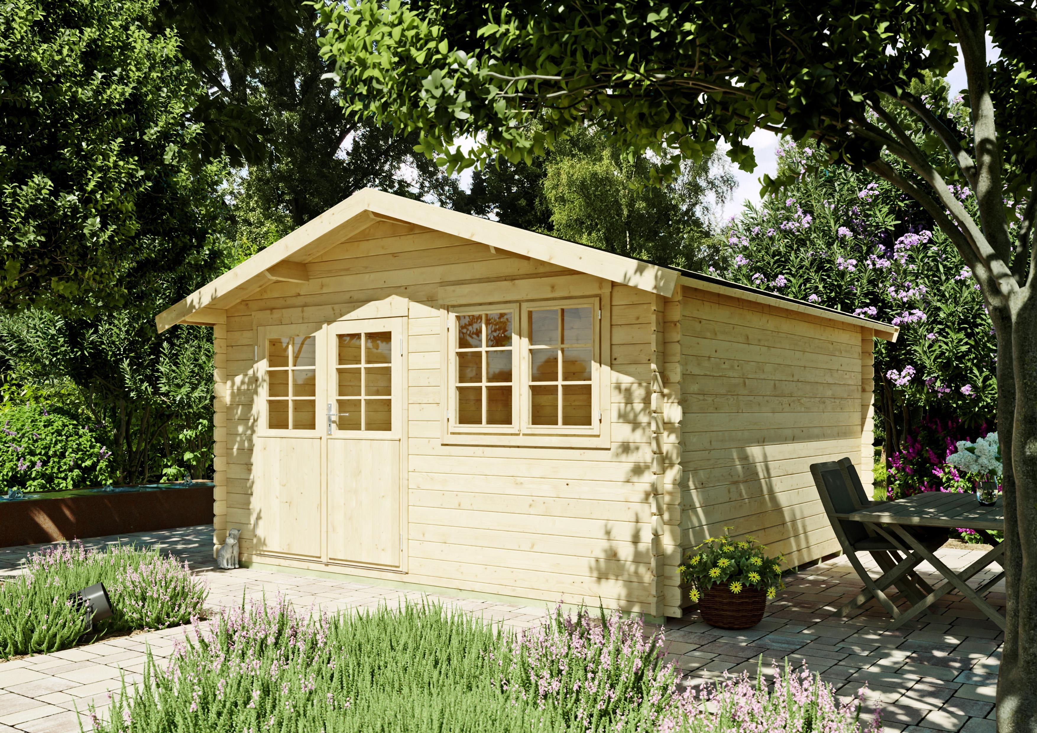 Gartenhaus Garda aus Fichte 28mm mit Satteldach, Doppeltür und Doppelfenster 3,80x3,80m