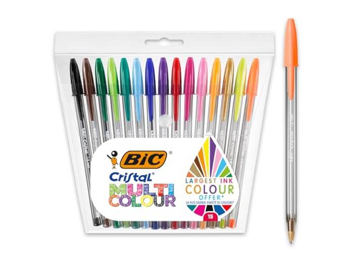 BIC Cristal Multicolour Balpennen Brede Punt (1,6 mm) - Verschillende Kleuren, Pak van 15 Stuks