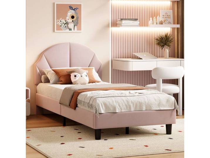 Cadre de lit simple 90x190 cm SUNFECILI lit 90x190 cm lit enfant lit princesse lit fille avec sommier à lattes velours rose
