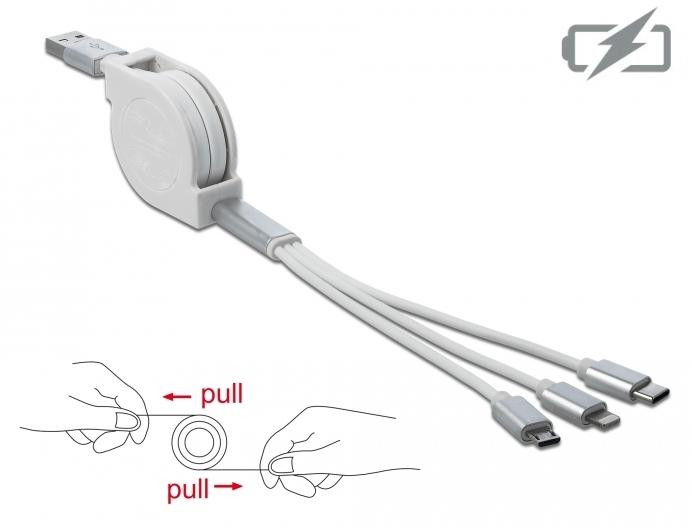 Delock USB 3-in-1 oplaadkabel met intrekbare kabel voor Lightning, Micro USB en USB Type-C, wit