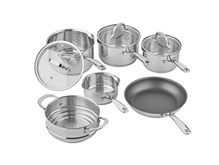 Tala 6-teiliges Edelstahl-Kochgeschirr-Set – Antihaft-Bratpfanne, 4 multifunktionale Kochtöpfe mit Deckel aus gehärtetem Glas & Dampfgarer, spülmaschinenfest, kratzfest, für alle Herde geeignet