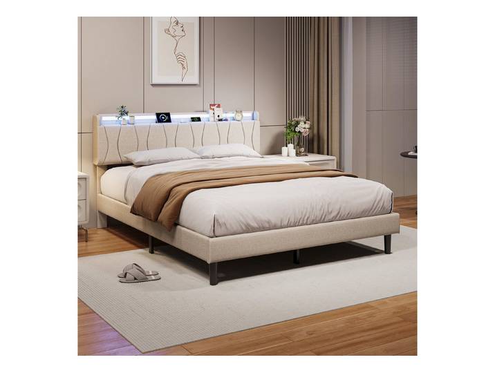 Gdood Polsterbett Doppelbett Stauraumbett mit LED (Leinen material mit RGB Streifen), Modernes Jugendbett, Leises Design Bett, Mit Ladefunktion