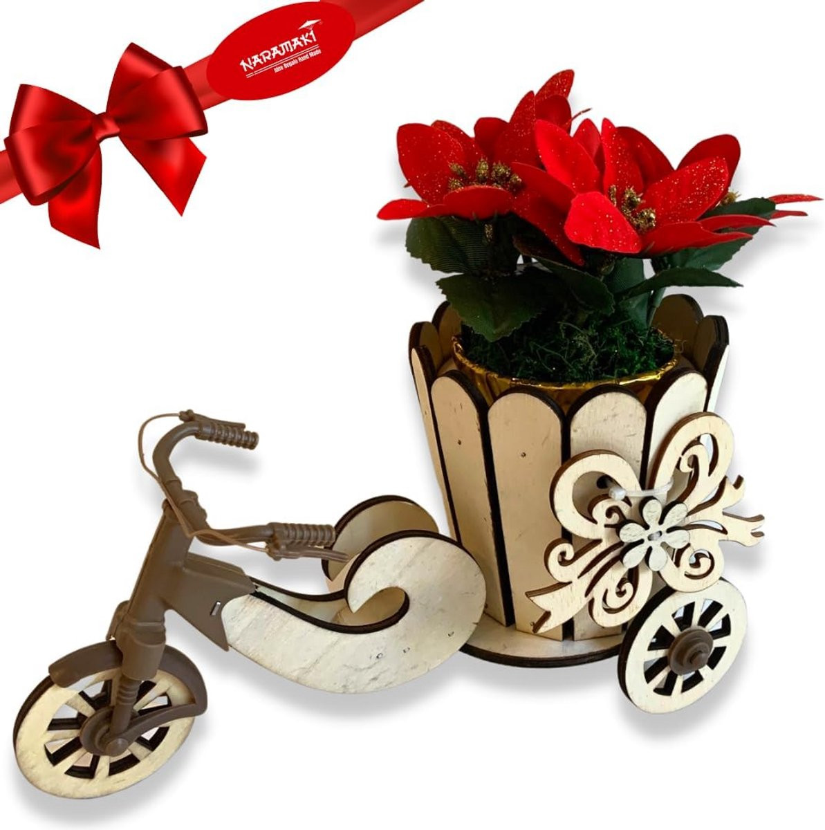 Houten Driewieler met Kerstster Decoratie - Plantenbakje voor Kerstmis