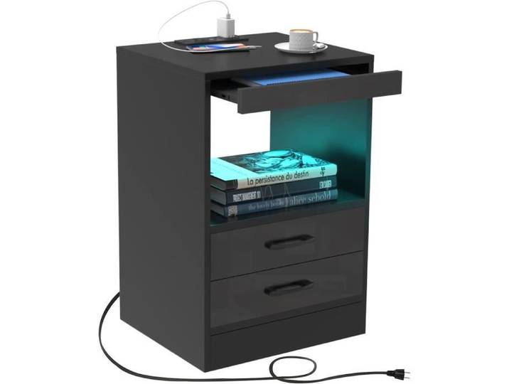 Table de chevet avec 2 tiroirs et niche - LDSZXNE - Noir - Station de Charge