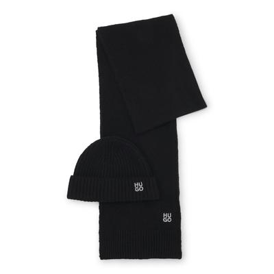 Strickschal HUGO "Sarmi Set", Damen, schwarz 001, Strick, Wollmischung, unifarben, Modetücher, mit passender Mütze, Woll-Mix, Geschenkbox