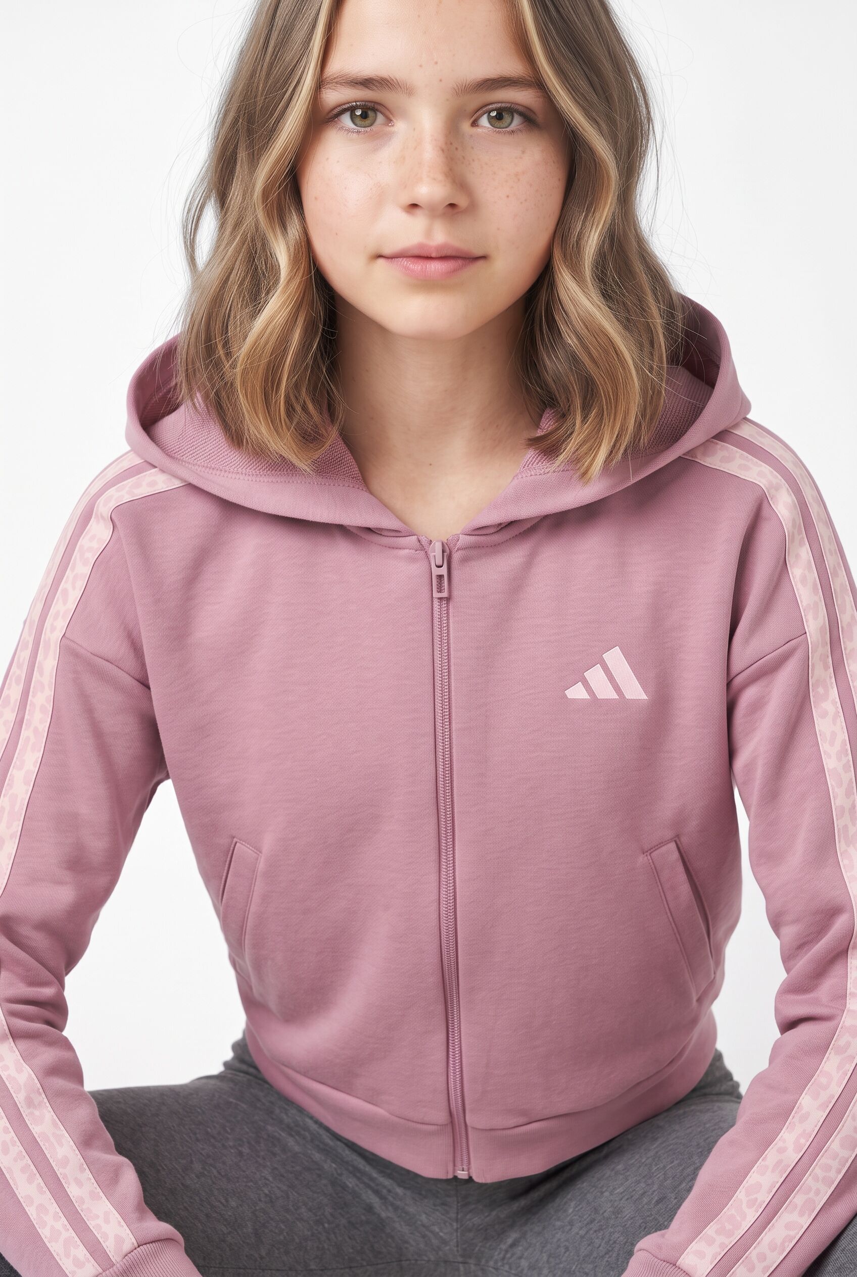 Kapuzensweatshirt ADIDAS SPORTSWEAR "SEASONALS ANIMAL, DURCHGEHENDER REISSVERSCHLUSS", Mädchen, Gr. 116, rosa (magic mauve, multicolor, clear pink), Obermaterial: 55% Baumwolle, 36% Polyester, 9% Viskose, normal, Rundhals, angesetztes Bündchen, Sweatshirt