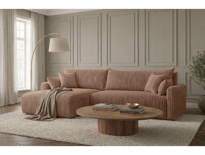Kaiser Möbel Ecksofa mit Schlaffunktion für Wohnzimmer, Cordstoff Tilia, JAPANDI, Japandi-Stil, Abgerundete Form, Cordstoff mit hoher Abriebfestigkeit