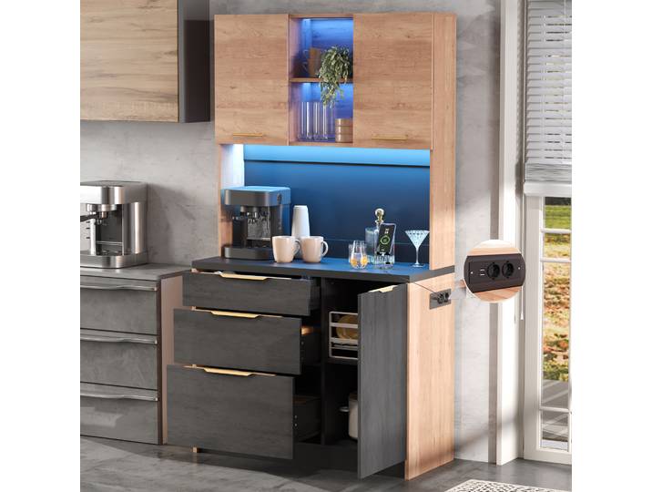 Meubliv Buffet De Cuisine Haut 100x40x180 Cm Effet Béton Avec Led Et Prise Intégrée