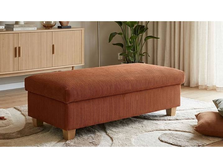 Hocker GOODPRODUCT Eggery 131 cm, mit grossem Staufach & bequem gepolstert , braun (rost), B:131cm H:42cm T:61cm, 90% Polyester, 10% Nylon, Hocker, Hocker, Polsterhocker Egedal mit Staufach, passend zum Sofa