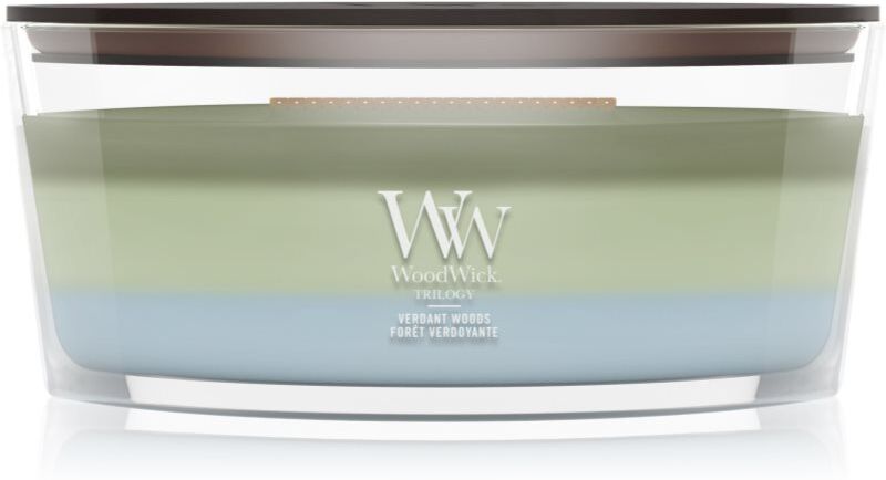 Woodwick Trilogy Verdant Woods bougie parfumée avec mèche en bois 453.6 g