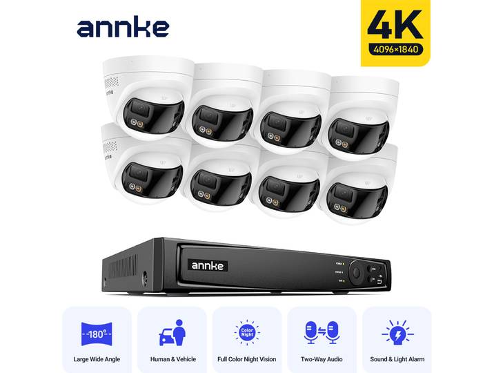 Système de caméra de sécurité vidéo extérieure ANNKE 4K 180 ° Caméra de sécurité IP PoE à double objectif, détection intelligente de véhicule humain, caméra POE 8MP