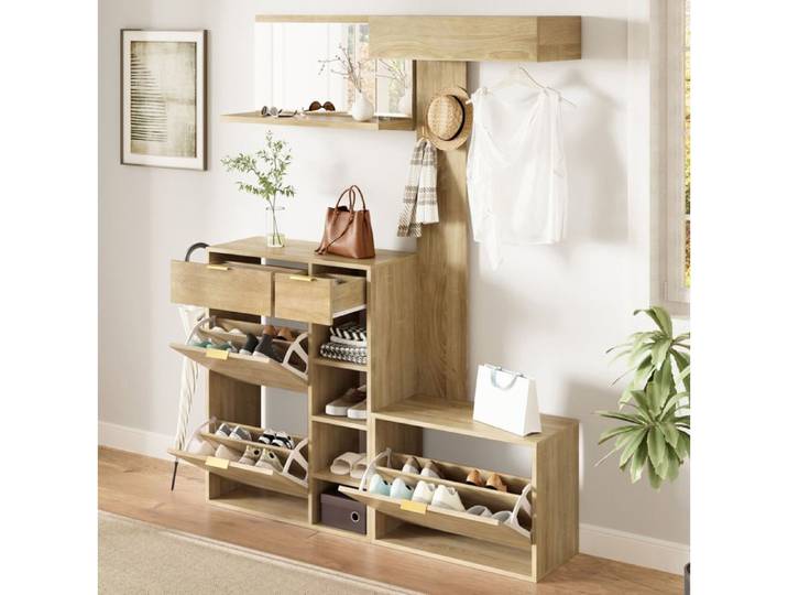 MEUBLIV Ensemble vestiaire d'entrée 4 pièces avec meuble à chaussures banc miroir et porte-manteaux