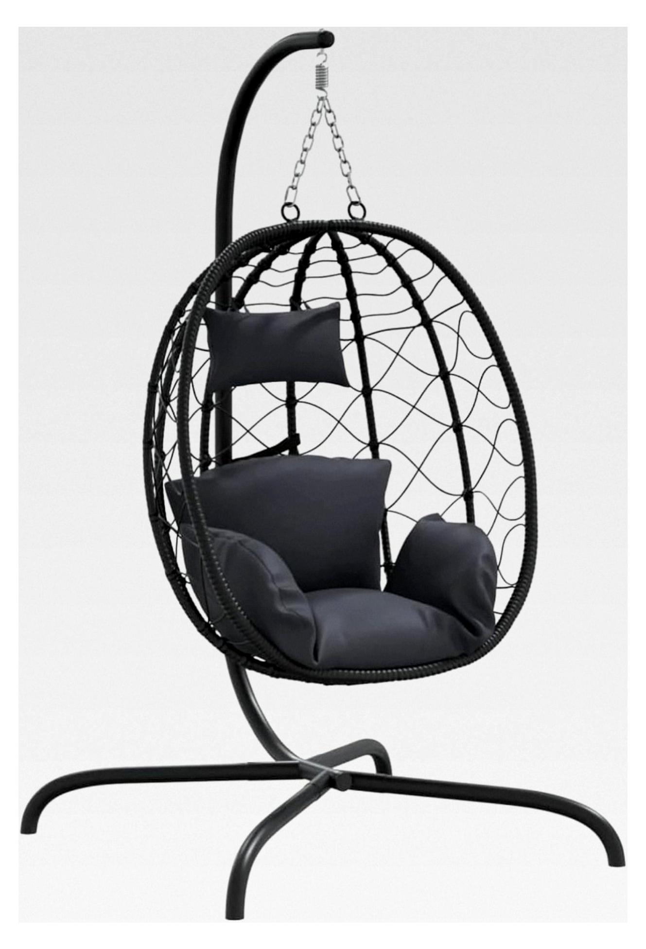 Hängesessel mit Kissen in Anthrazit aus Poly Rattan und Stahl