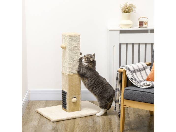 PawHut Griffoir Chat avec Brosses et Balle 59,5x39x79cm Beige