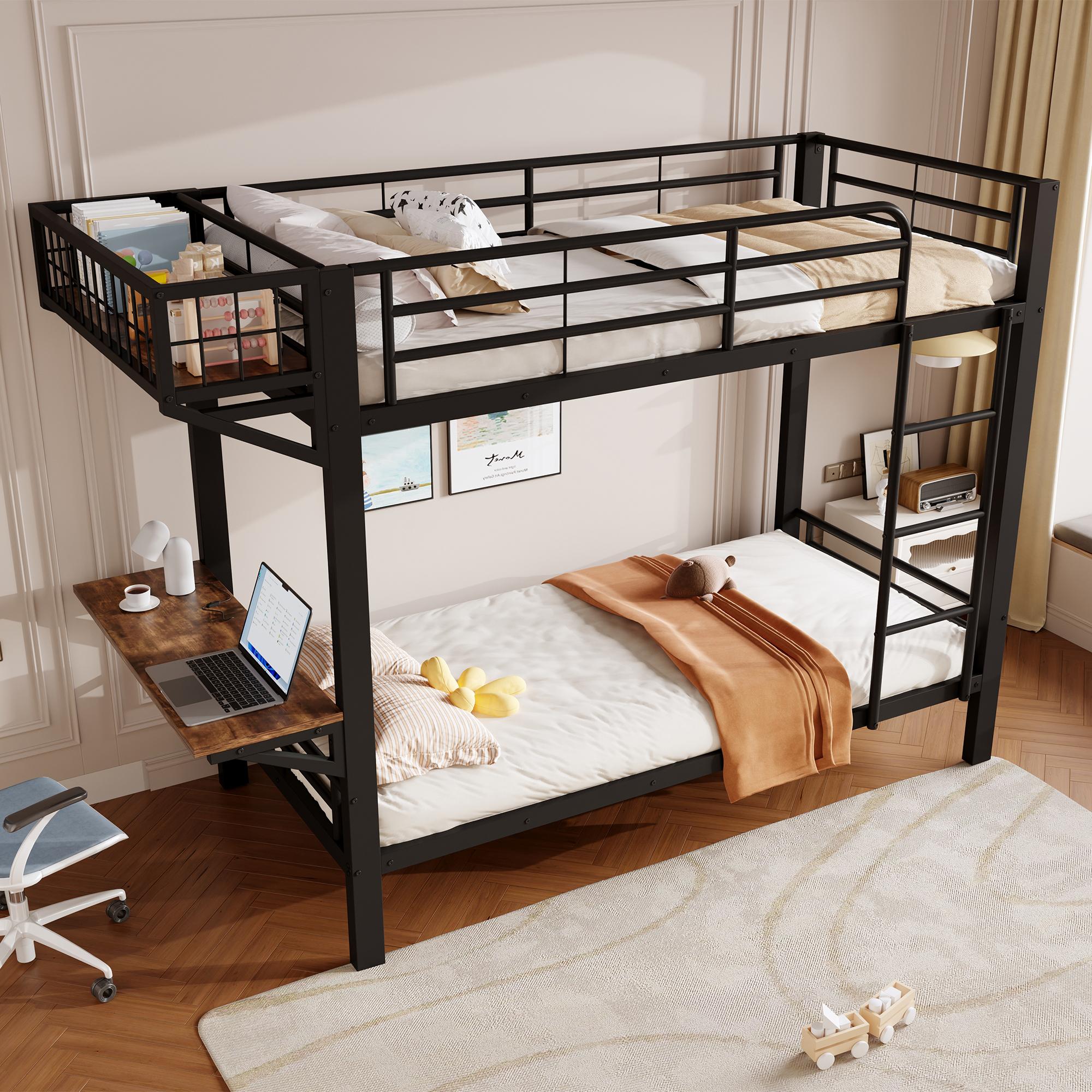Flieks Etagenbett 90x200cm mit Leiter und Schreibtisch, Jugendbett mit offenem Staufach, Hochbett mit Geländer, Schwarz, Metall+MDF
